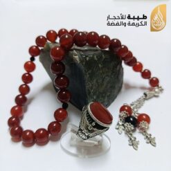 طقم سبحة عقيق كبدي33 حبة خاتم فضة 925 عقيق كبدي